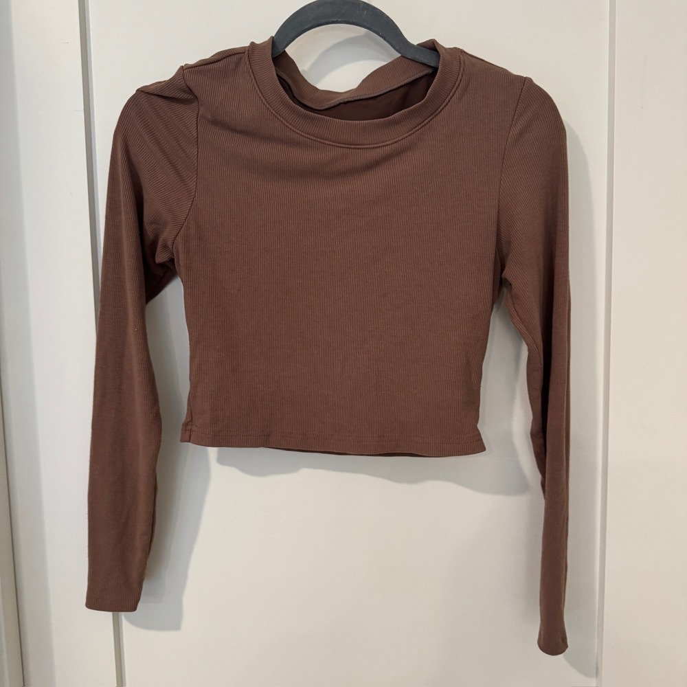 Klassy Network Brown Ribbed Long Sleeve Brami Top Size Small Crew Neck Crop